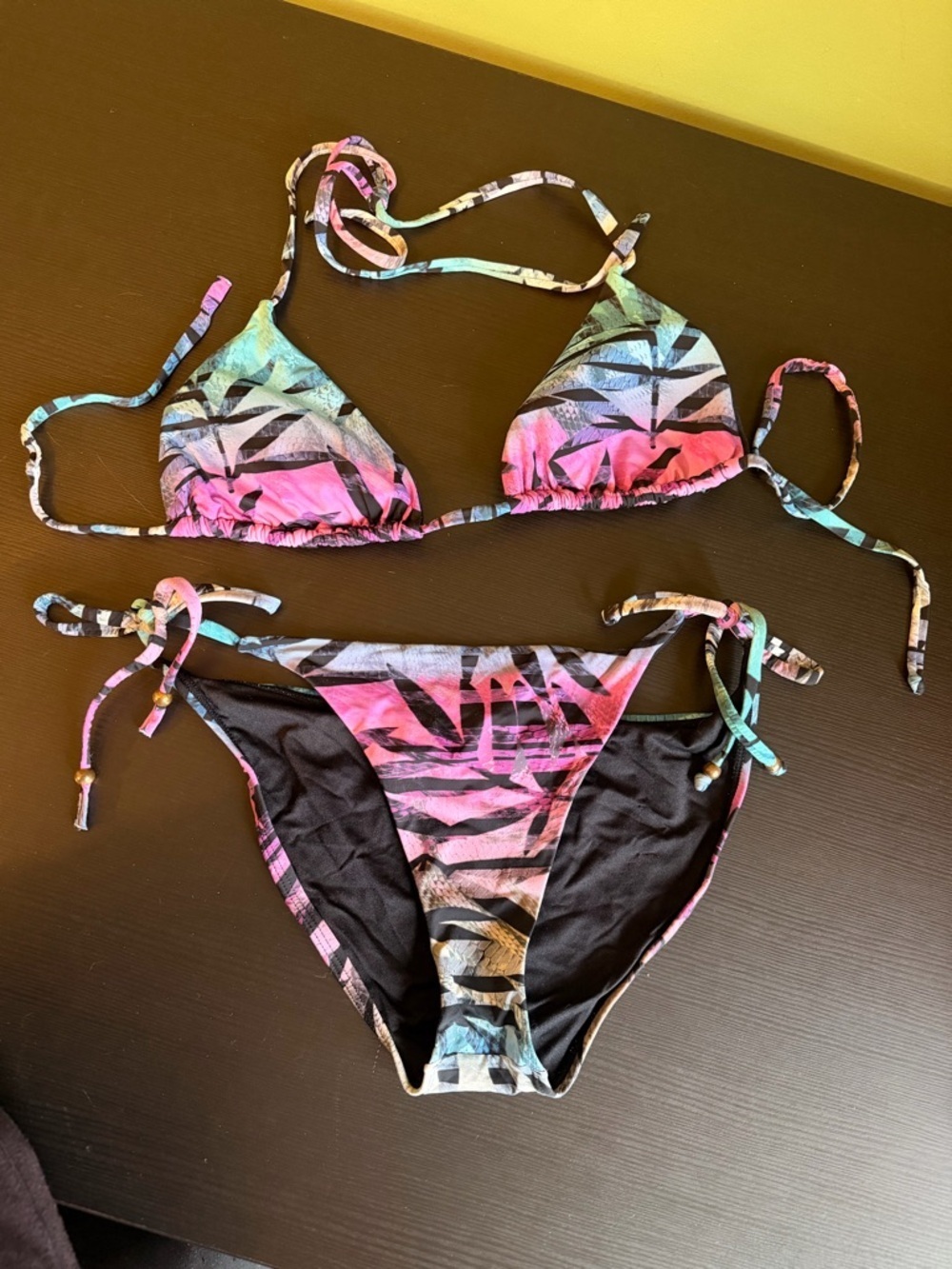 SHEIN Multicolor Tropical Print Triangle String Bikini - Pink, Blue, Mint